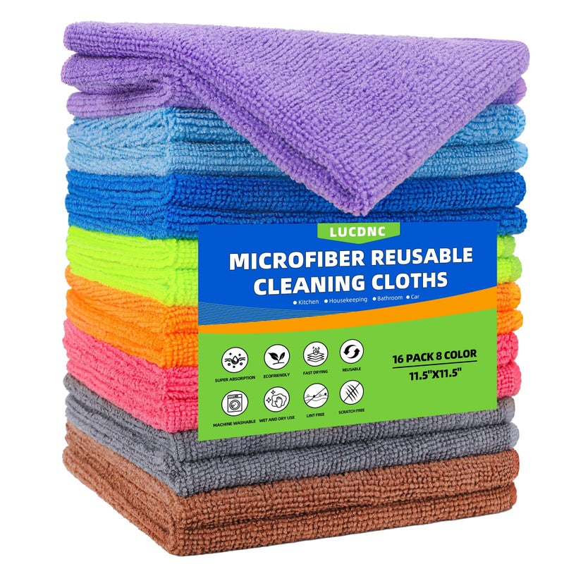 lucdnc Microfiber Reuseable Cleaning Cloths 16 Pack 8 Color Soft Kitchen Towels 11.5""X11.5"" Cleaning Rags for Housekeeping Home Bathroom Car Lint Free Wet and Dry Use Dusting Cleaning Supplies - Image 1